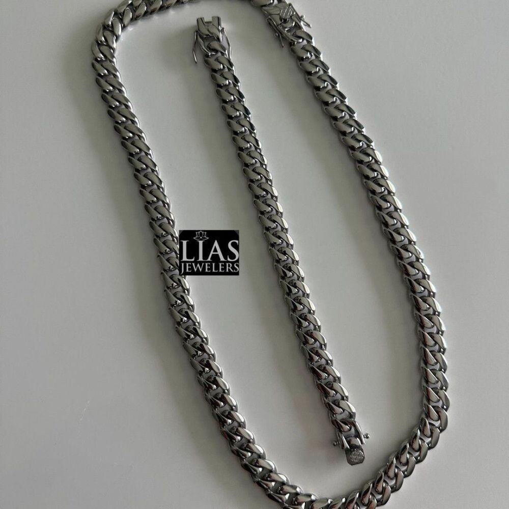 New 18k white gold filled Cuban link chain and bracelet set